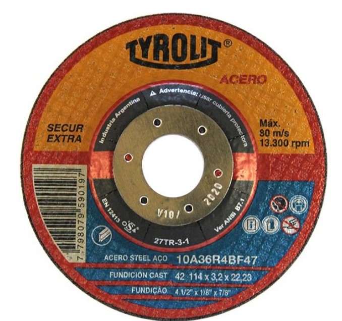 DISCO ABRASIVO SECUR 114 x 1,0 x 22,23mm (X25UN) "TYROLIT"