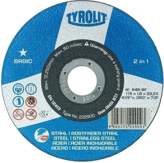 DISCO ABRASIVO BASIC 115 x 1,0 x 22,23mm (X25UN) "TYROLIT"